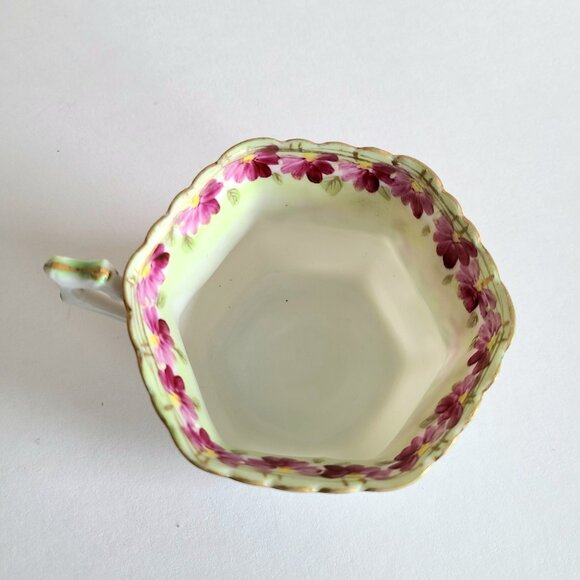 Antique porcelain tea cup with saucer with pink floral design and gold trim. - Picture 13 of 13